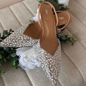 Zara Pearl-Embellished Cream Pointed Slingback Flats